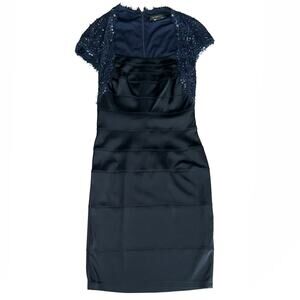 Tadashi Shoji Black Navy Bandage Satin Beaded Cocktail Dress Size 8